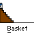 Pixelated character with white head and red arm moves through brown stairs and gray basket in animated sequence.