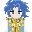 Pixelated character with blue hair and golden armor in nine sequential expressions showing eye and mouth changes.