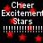 Black background with red stars and white text reading "Cheer Excitement Stars" repeated in two , separated by dotted lines