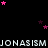 Black background with repeated white text 'JONASISM' across three horizontal bands, scattered pink and purple stars, and a solid gray rectangle in the bottom-right corner.