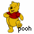 Yellow cartoon bear in red shirt with changing text below, standing on white background.