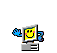 Pixelated animated buddy icon featuring a smiling yellow face on a computer monitor with blue arms waving, displayed across six frames in a 3x2 contact sheet layout.