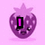Pixelated strawberry-shaped character with purple and green variants, displaying text overlays and facial expressions on pink and green backgrounds.