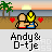 Pixel art of two figures embracing on a beach at sunset, with palm trees, hearts, and text below.