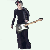 A 2x2 contact sheet of a pixelated animated icon featuring a musician with guitar, text elements, and skeletal figures in grayscale tones.