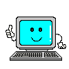 Pixelated computer with blue screen displays three distinct facial expressions and red text above it on gray background.