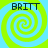 Four identical spiral patterns with alternating light blue and bright green colors, each containing the text 'BRITT' in dark blue pixelated letters at the top.