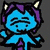 Pixelated blue character with purple hair and white horns in three expressions: smiling, angry, and neutral, with arms raised in all frames.