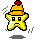 Pixelated yellow star character with black eyes and mouth, wearing orange knit hat with red pom-pom, standing on gray background with motion lines.