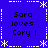 Blue background with white dashed borders and star motifs, displaying four identical text blocks reading "Sara loves Cory !" in pixelated black font.