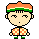 Pixel art character with orange-green striped headband, checkered shirt, green pants, and changing facial expressions across four views.