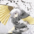Anime-style character with gray hair and yellow eyes, wearing dark clothing, holding a golden fan against a white background with black patterns.