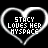 Heart-shaped icon with white outline and blue gradient fill, containing text "STACY LIVES HER MYSPACE" in pixelated font on black background.