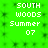 Green background with pixelated white text reading "SOUTH WOODS Summer 07" arranged in four identical vertical