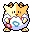 Pixelated cartoon character with yellow-orange fur, brown ears, and a white belly wearing light purple pants; four variations show different poses and facial expressions.