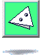 A white triangular figure with two dark circular eyes and a gray base stands on green background, moving through showing rotation and partial exit from view
