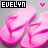 Pixelated pink flip-flops with a heart symbol above the name EVELYN in block letters on gray background.