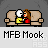 Pixel art of two figures on a beige couch, one in yellow shirt and white helmet kissing another in red top with brown hair; text below reads "MFB Mook".