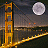 Pixelated golden bridge with suspension cables over water under a full moon, two identical side-by-side showing static and animated states