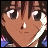 Pixelated anime-style character face with brown hair and large eyes, next to stylized text on a black background.