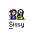 A 3x3 contact sheet of nine animated frames showing two pixel-art characters standing side-by-side with subtle pose and expression changes across the sequence, each frame labeled "Sissy" below.