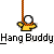 A static contact sheet showing two identical frames of a pixelated yellow stick figure hanging from an orange rope with the text "Hang Buddy" and promotional text for badassbuddy.com.
