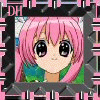 Pixelated anime-style avatar with pink hair and large black eyes, framed by a repeating patterned border containing 'DH' text elements.
