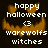 Pixelated Halloween-themed icon with orange pumpkin face, white text reading 'happy halloween <3 warewolfs witches' on dark background.