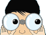 Cartoon character with large round glasses, black hair, and light skin holding the glasses with both hands against a gray background.