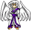 A 4x3 contact sheet of a pixel-art angel character with white wings, purple and white robes, and orange feet across 12 animated frames showing subtle pose changes.