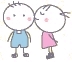 Two pixelated cartoon figures stand side-by-side, one in blue overalls and the other in a pink dress with closed eyes.
