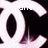 Black and white pixelated icon with dark oval shapes on left, a large irregular black form on right, and faint pinkish background noise.