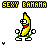 Pixel art banana character with green limbs and red mouth in multiple poses beneath "SEXY BANANA" text, animated sequence showing arm movements.