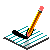 Pixelated pencil drawing animation on striped paper with black ink trails, showing sequential motion of a yellow pencil with pink eraser tip.