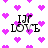 Pixelated icon with 'I ❤️ LOVE' text over white background, surrounded by scattered purple hearts.