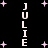 Black background with vertical white text reading "JULIE" repeated twice, surrounded by pink plus-shaped stars.