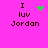Pixelated text "I luv Jordan" on bright pink background with green heart and green dot animations.