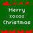 Green background with red pixelated Santa sleigh and reindeer icons above white text reading 'Merry xoxox Christmas' in two