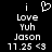 Black background displays white pixelated text and symbols including 'i', a heart outline, 'Love Yuh Jason 11.25 <3' with one version showing the heart as solid.