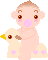 Pixelated baby with pink pacifier holding yellow-beaked duck, both with brown eyes and pink heart details on light background.