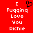 Red background with white pixelated text reading "I Fugging Love You Richie" and a black pixelated heart symbol above the text.