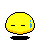 Yellow pixelated circular head with closed eyes and blue tear drops, black base on gray background.