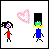 Pixel art of two stick figures with a pink heart symbol between them on white background.