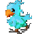 Pixelated blue bird with orange beak and brown feet in four distinct animated poses on gray background