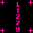 Pink pixelated text 'LIZZY LIZZY' vertically stacked on black background with scattered pink plus signs, animated to shift position.