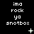 Pixelated text 'ima rock ya snotbox' repeated in a with animated plus and star symbols on black background