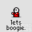 Pixelated character in red outfit with white circular head, performing sequential arm movements above text reading 'lets boogie.'