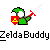 Pixel art contact sheet of six frames showing a green-clad character with white face and red shield performing sword animation across two rows.