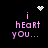 Pixelated text 'i heart you...' in pink on black background with animated white pixel hearts and sparkles above.