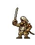 Pixel art character in beige uniform with red shoulder patches, white turban, and brown boots, holding a sword in raised position across four of static poses